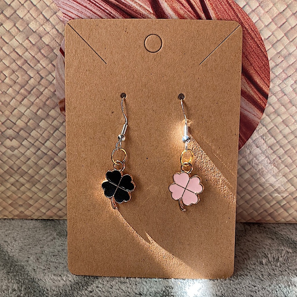Pink and black four leaf clover earrings